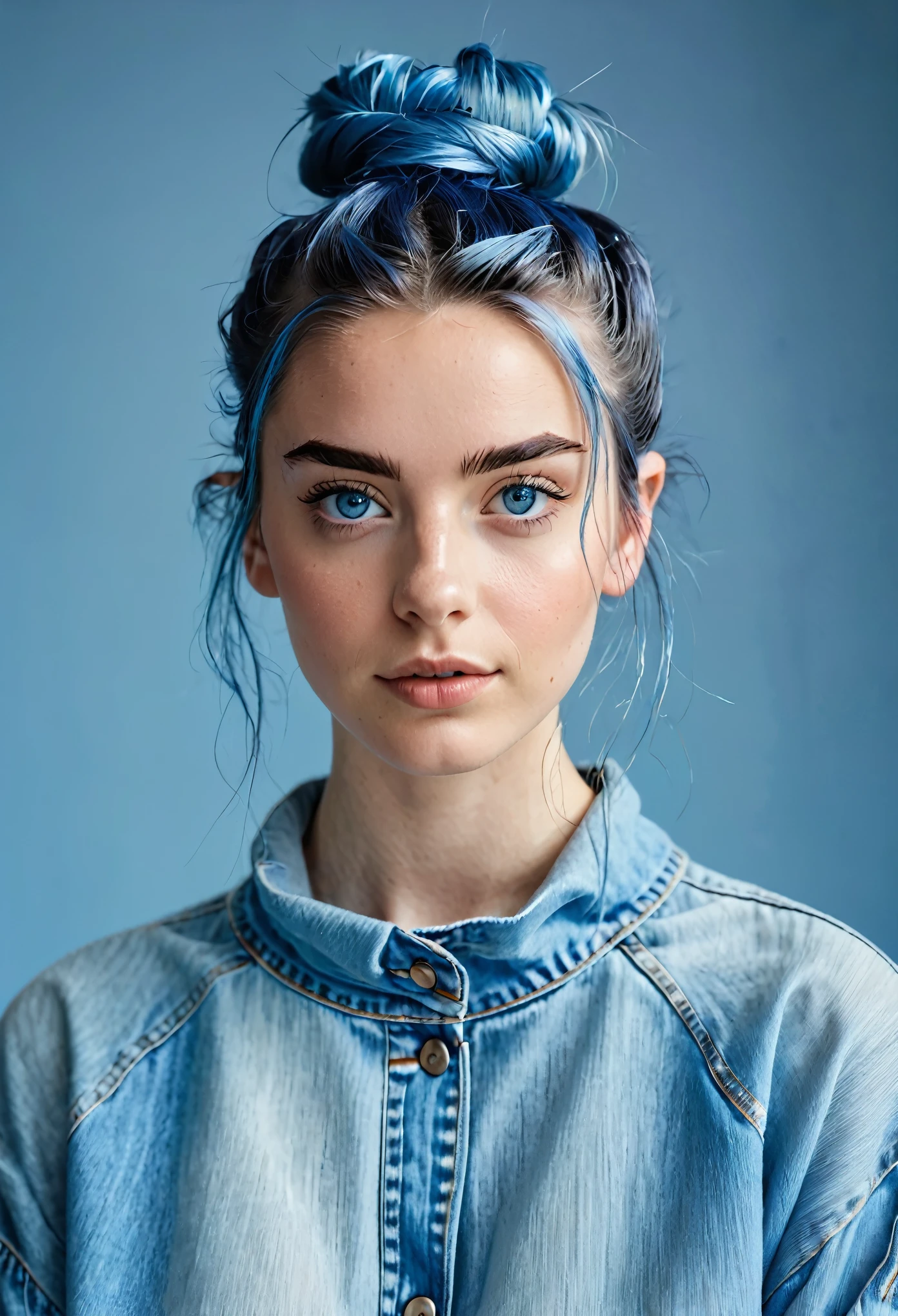 young woman, blue eyes, calm expression, blue hair bun, loose strands, muted blue outfit, soft contrast background, portrait, harmonious blue palette, pale skin, late s, early twenties, natural eyebrows, large eyes, light blue streaks, denim-like fabric, minimal makeup, mascara, fresh look, central framing, soft-focus background, diffused lighting, no harsh shadows, focal point, Canon EOS 850D + EF-S 18-55mm f/4-5.6 IS STM