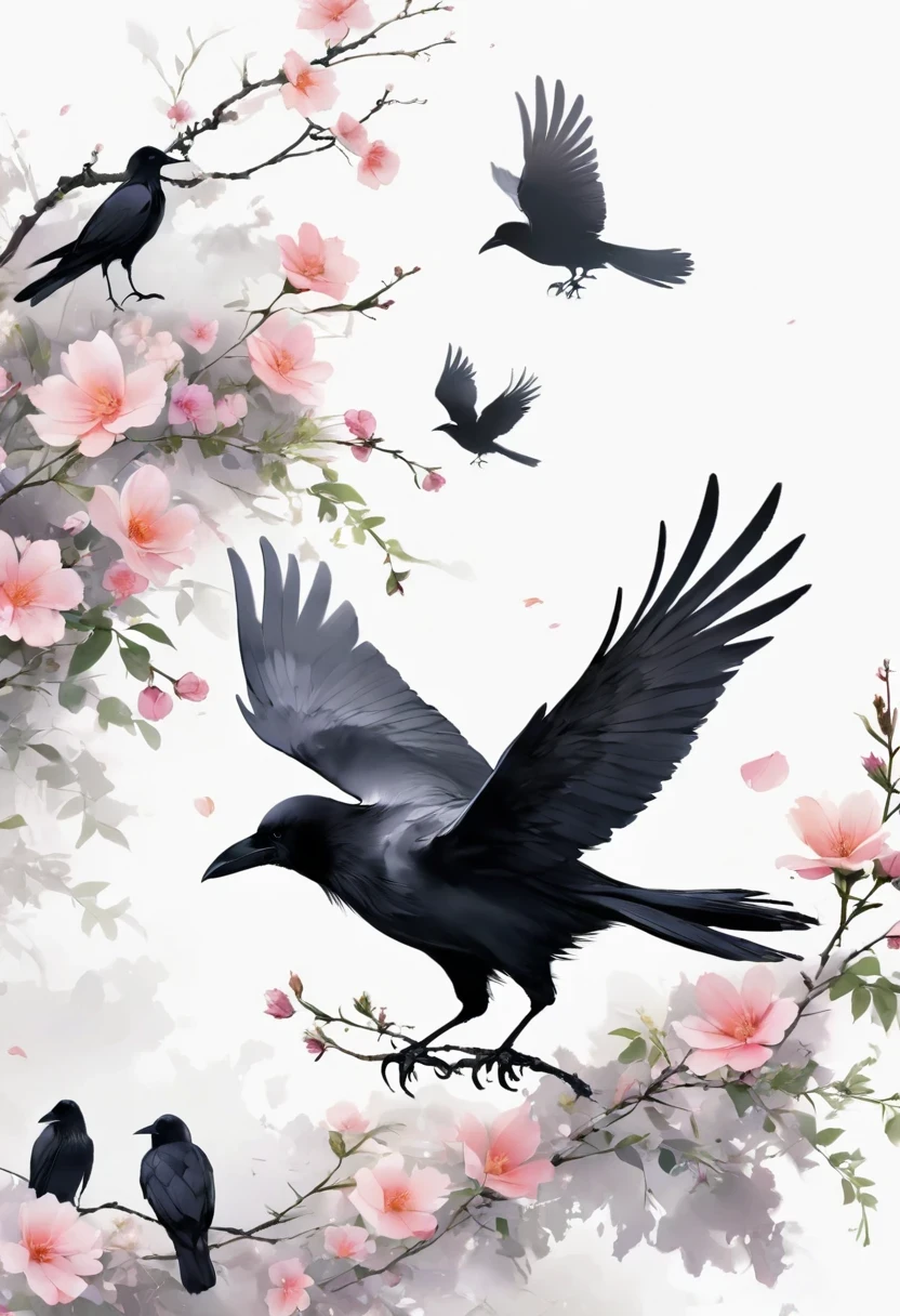 crow, White background, flower, simple, Minimalism, Regular Angle,