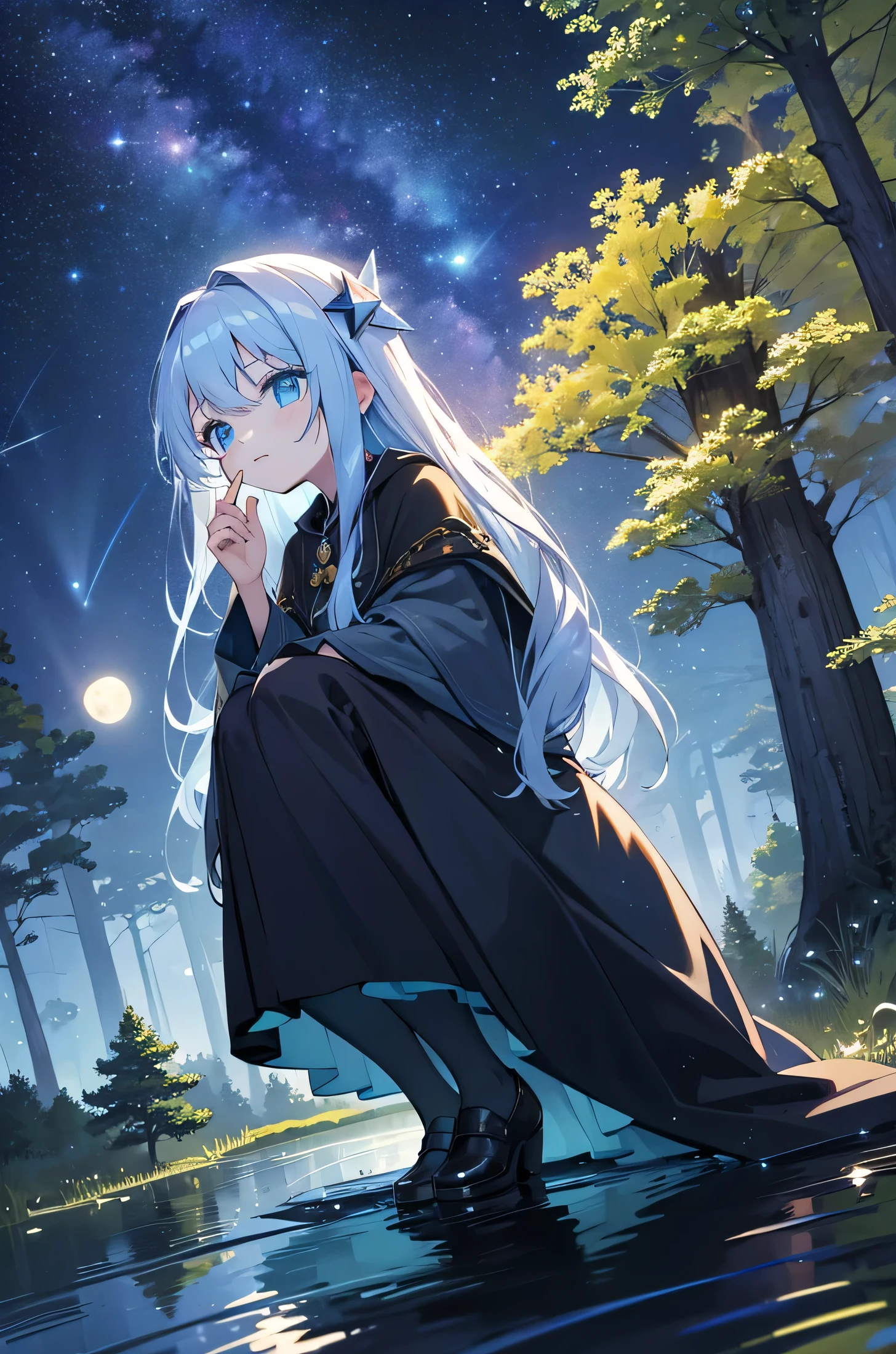 in the forest、lake、night、Starry sky full of stars、the moon is out、Illuminated by the light of the moon、On the other side was a girl around ************.、fantasy works、The girl is a cute wizard、Something that shines faintly like the first star in the center of the lake、4k、