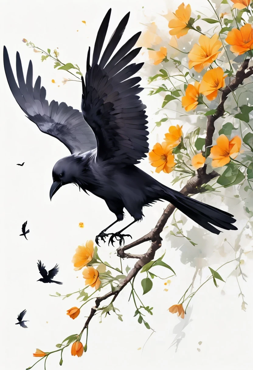 crow, White background,  flower, simple, Minimalism, Regular Angle, 