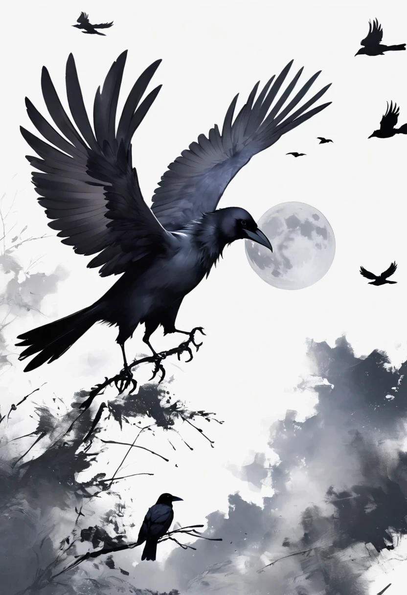 crow, White background, moon, simple, Minimalism, Regular Angle,