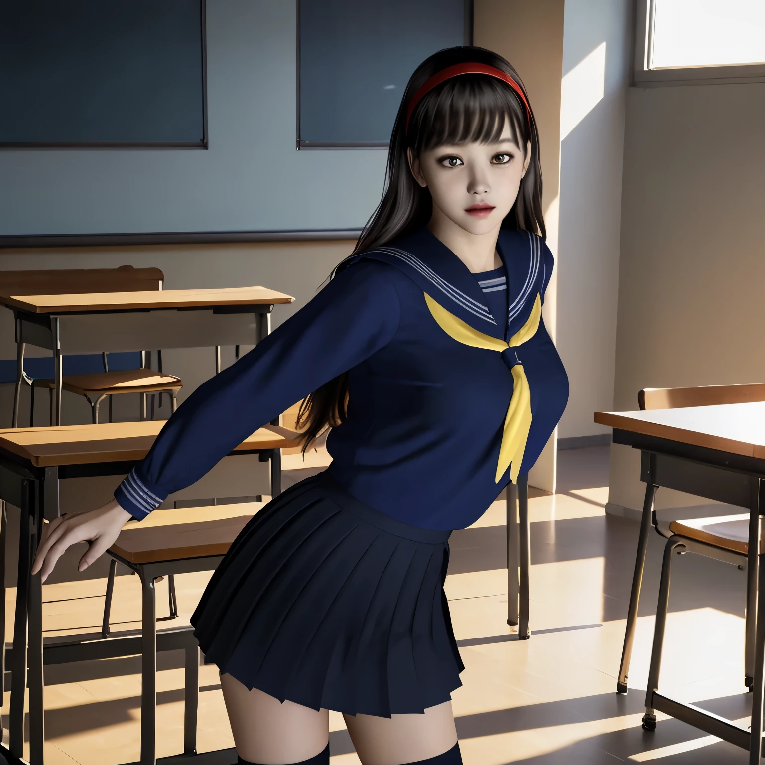 (Detailed CG、unity、8k wallpaper)、(very delicate and beautiful)、(masterpiece)、(highest quality:1.2)、(超A high resolution:1.3)、(beautiful realistic asian),beautiful lighting、perfect lightning、realistic shadow、fine skin、Super detailed、detailed face and eyes、realistic eyes、sharp pupils、Huge , inside the classroom、School、sunset、beautiful face、blurred background、(japanese woman)、shiny skin、side up、beautiful black hair、dull bangs、Japan High School Sailor Uniform、pleated mini skirt、gentle smile, ((table top, highest quality)), (shiny skin), cinematic lighting, Physically based rendering, award-winning, highly detailed skin, highly detailed face, Beautiful eyes in every detail, Carl Zeiss 85mm F/1.4, (standing position:1.3), (cumin , on the chest and thighs), she&#39;To a very cute 16 year old , (brown hair, straight long hair, open your eyes, round face), big cleavage, (sailor blouse, Pull up the pleated skirt yourself:1.3), watching from a distance, (navy high socks, thigh focus),art by、

