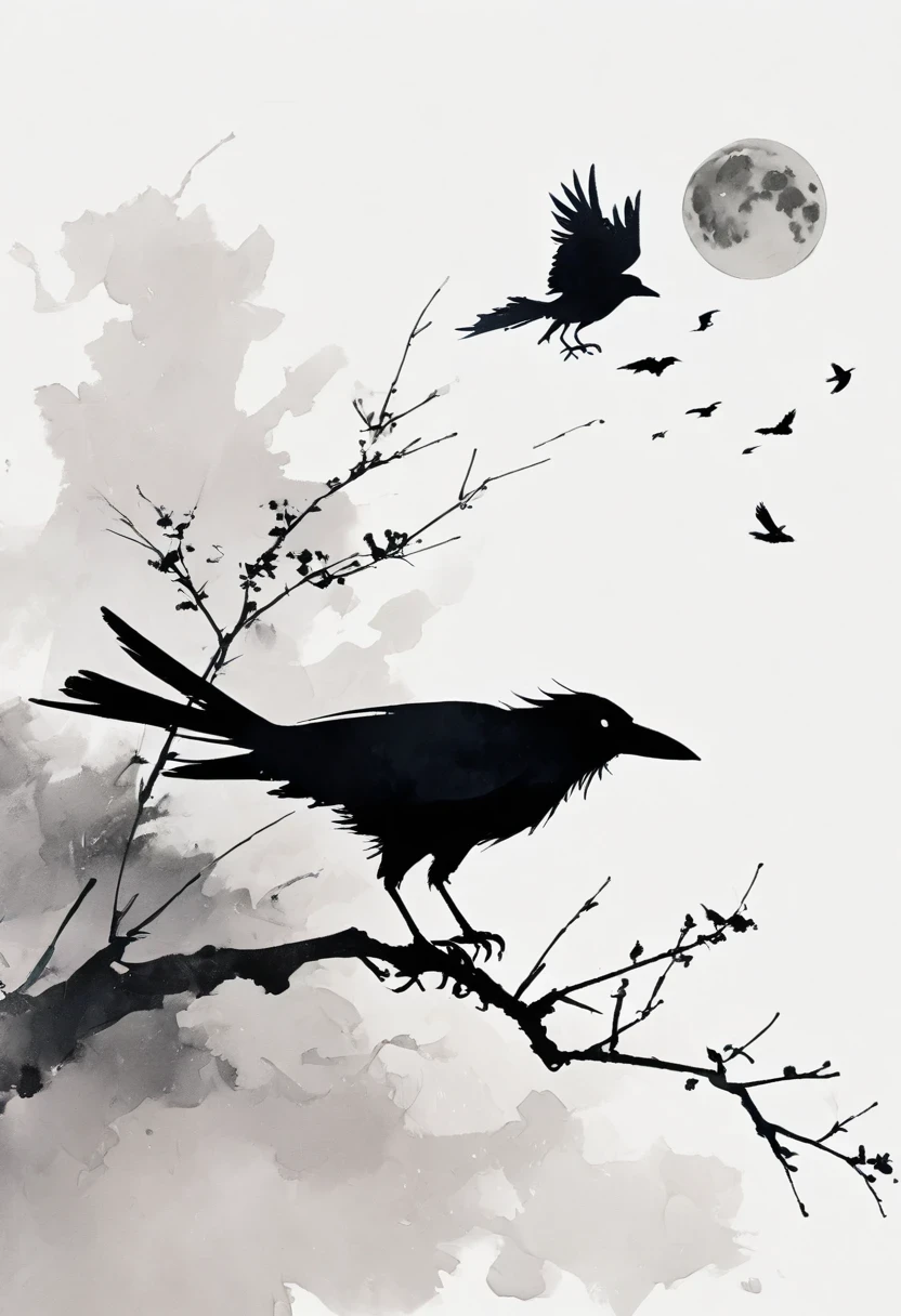 crow, White background, moon, simple, Minimalism, Regular Angle,