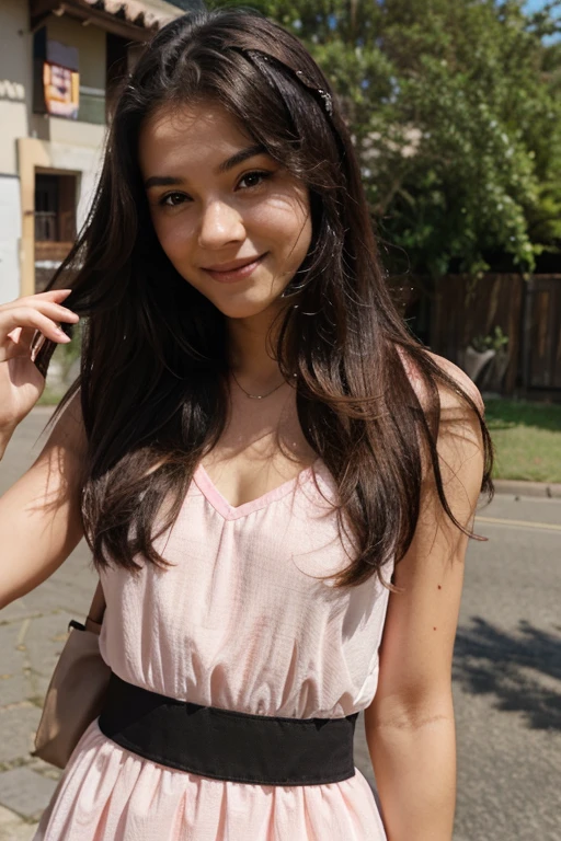 Teen british, girl, wave hair, pink dress, black eyes, free hair, cute smile.