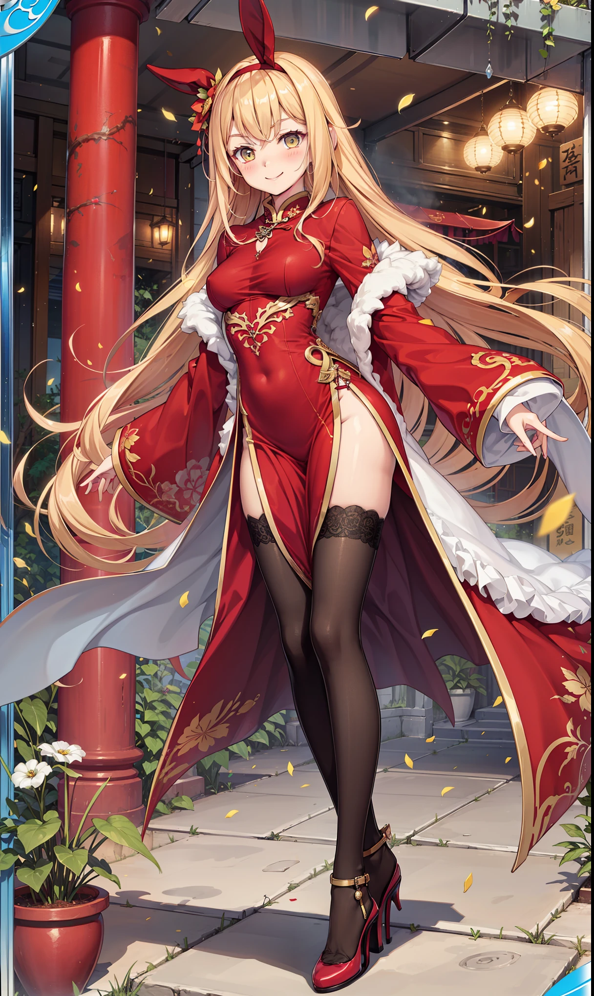 incredibly absurdres,fantasy,valentine,bar,yellow long shan,pelvic_curtain,print_cheongsam,long_coat,haori,high_heels,thighhighs,smile