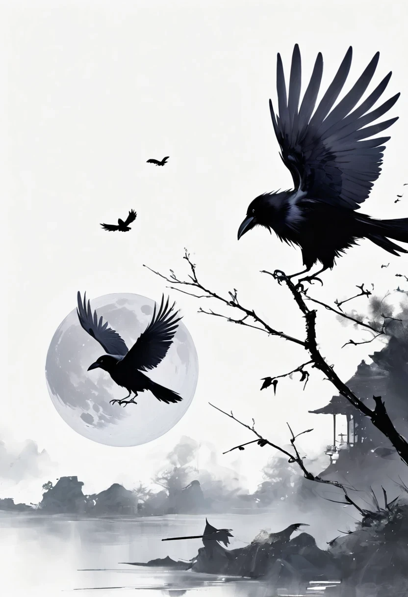 crow, White background, moon, simple, Minimalism, Regular Angle,