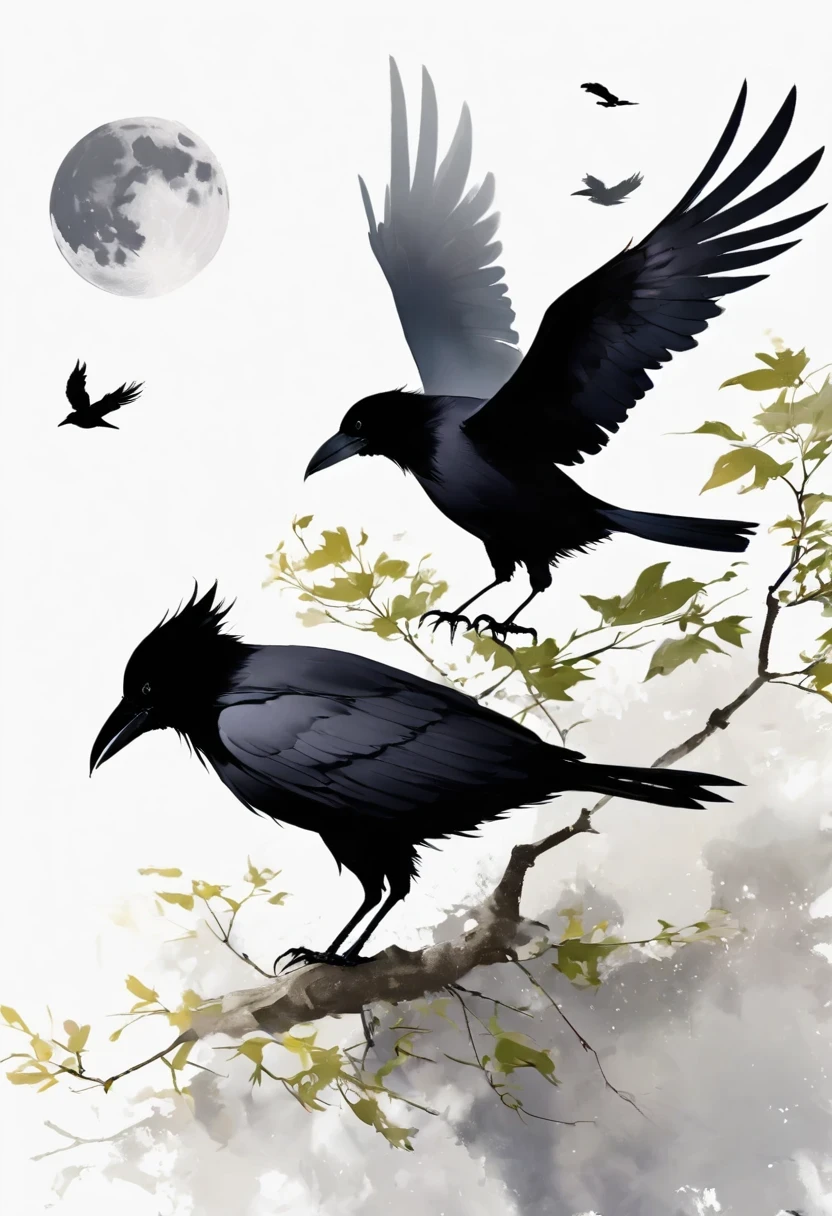 crow, White background, moon, simple, Minimalism, Regular Angle,