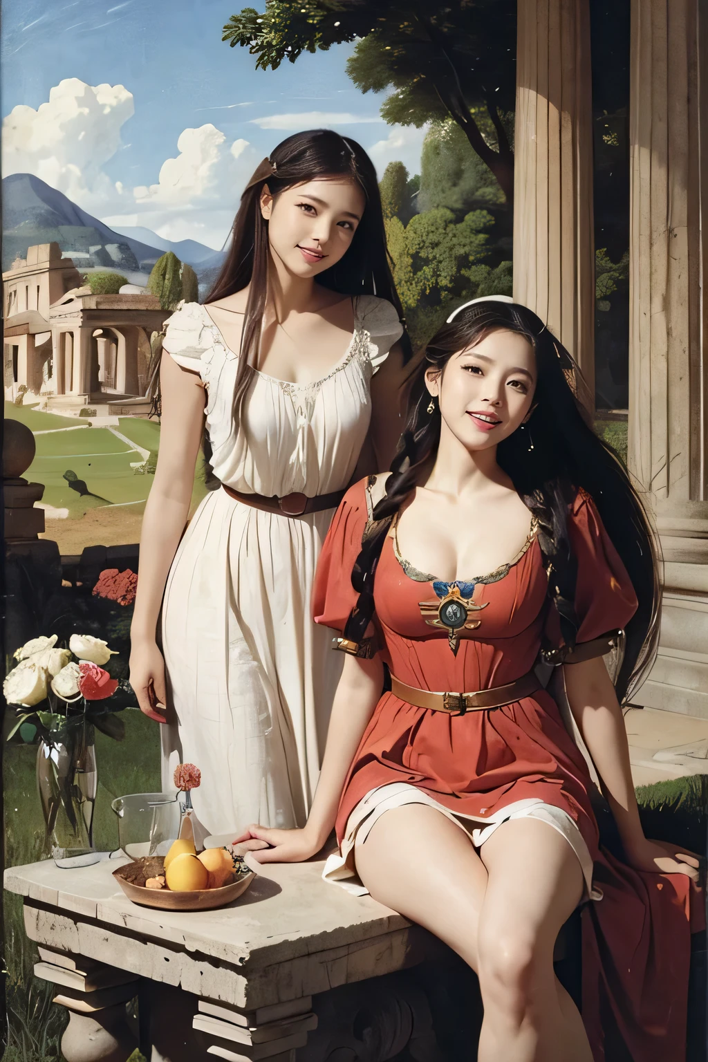 full body portrait or statue、Giorgione painting style,Arguments of two female Philosophe,math、astronomical machine、astronaut、roses in vase、fruits、Cute trinkets、smile、ancient greek costume、Ancient Roman landscape in the style of Nicolas Poussin,laughter,,Sweet and seductive appearance.、Caravaggio's paintings、Chiaroscuro of Caravaggio、hair tousled by the wind,Two women frolicking,cute smile, expression of ecstasy,Sexy,erotic