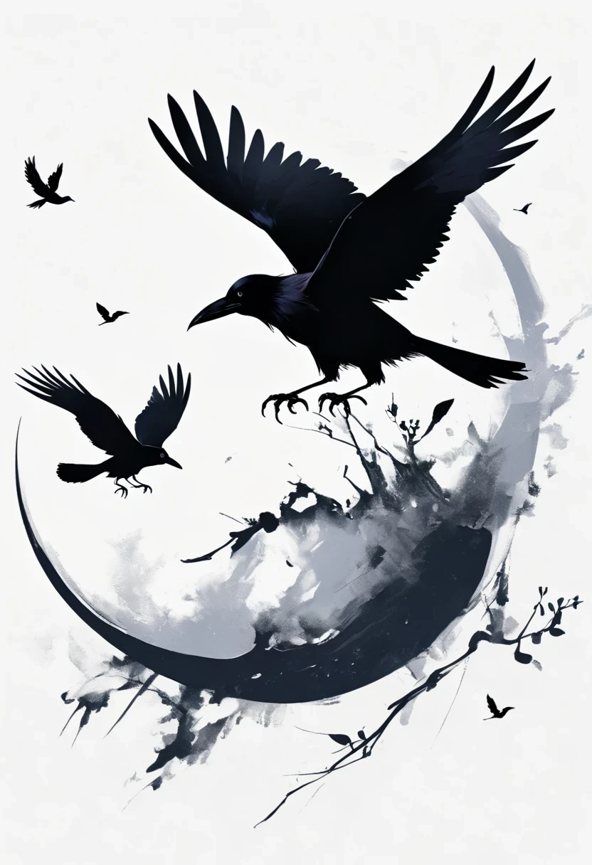 crow, White background, moon, simple, Minimalism, Regular Angle,