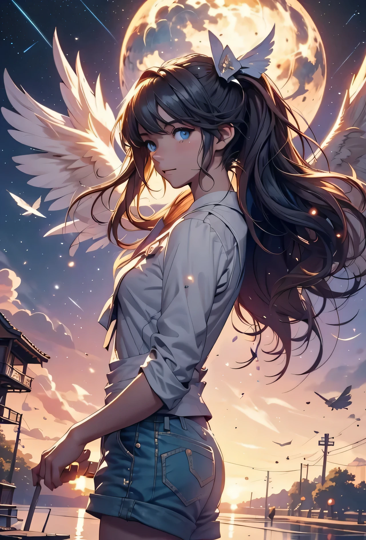1 girl, eye, close up, beautiful night sky, meteor shower, beyond the clouds, water surrounded, reflections, wide angels, breathtaking clouds, wide angle, by makoto shinkai, thomas kinkade, james gilleard, by holosomnialandscape, hdr, volumetric lighting, ray tracing, an intricate, high details, very detailed, deviantart, 4k vertical wallpaper,, colorful, airy, anime illustration, anime nature wallpaper