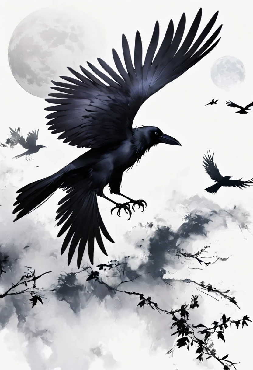 crow, White background, moon, simple, Minimalism, Regular Angle,
