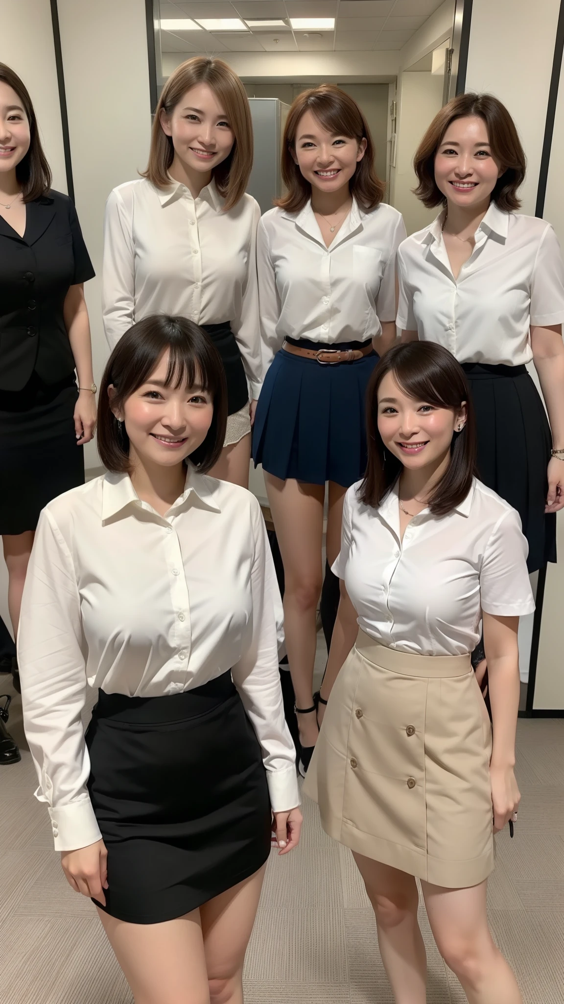 ((highest quality, 8K, Representative works in detail, ultra high resolution)), (group photo), (looking at the viewer), (middle shot:), Five attractive businesswomen,5 women, a little chubby:0.25, white short sleeve collared shirt, gray tight skirt, short skirt(officeの机にあぐらをかいて座っている)), smile, office、とてもshort skirt、mini skirt、The bust is large、