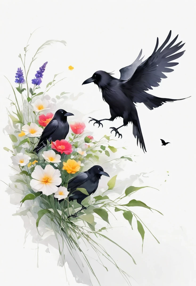 crow, White background,  flower, simple, Minimalism, Regular Angle, 