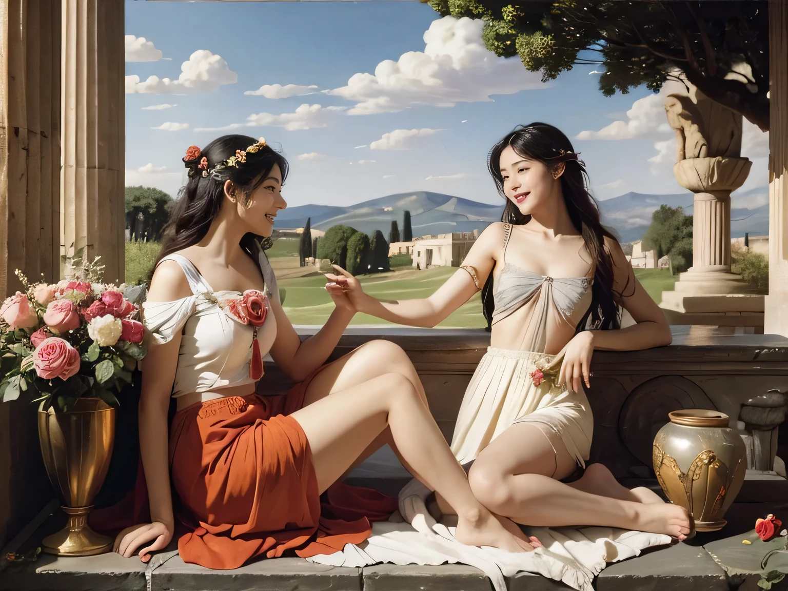 full body portrait or statue、Giorgione painting style,Arguments of two female Philosophe,math、astronomical machine、astronaut、roses in vase、fruits、Cute trinkets、smile、ancient greek costume、Ancient Roman landscape in the style of Nicolas Poussin,laughter,,Sweet and seductive appearance.、Caravaggio's paintings、Chiaroscuro of Caravaggio、hair tousled by the wind,Two women frolicking,cute smile, expression of ecstasy,Sexy,erotic