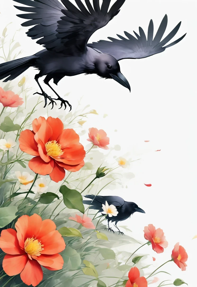 crow, White background, flower, simple, Minimalism, Regular Angle,