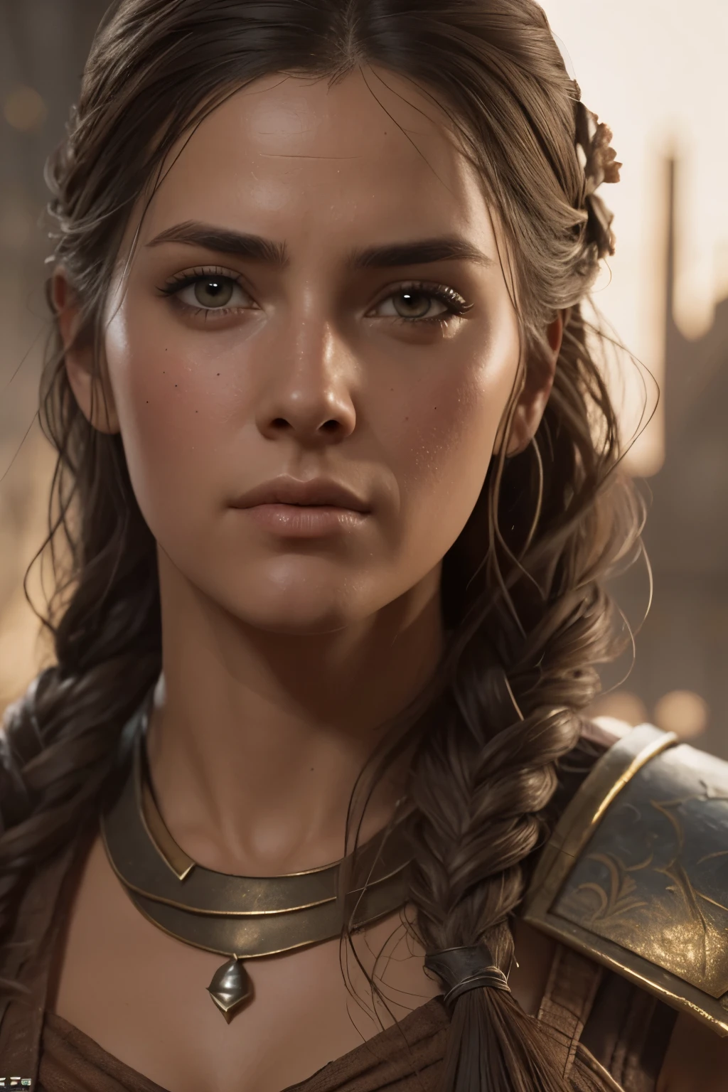 extremely detailed Kassandra Assassin's Creed Universe,Detailed Lips, Detailed Eyes, detailed eyelashes, detailed face, textured skin, super detail lighting, mid body shot, 