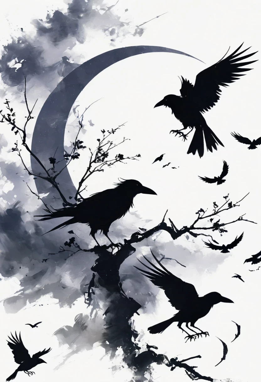 crow, White background, moon, simple, Minimalism, Regular Angle,