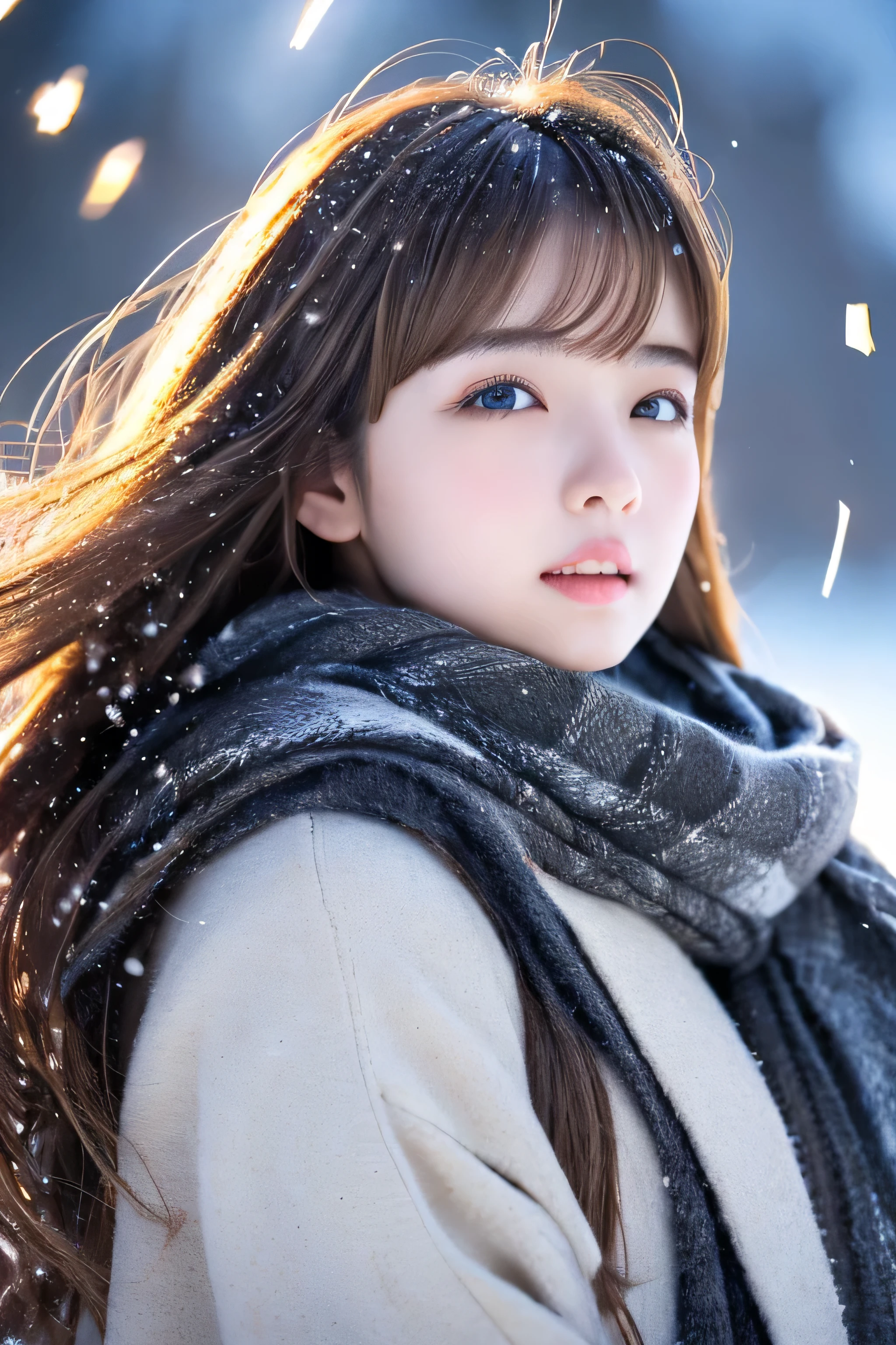 ((Girl staring at something、hair blowing in the wind、No makeup:1.2))、(realistic、Photoreal、super detailed、best detailed skins、highest quality、masterpiece、超A high resolution)、cute russian woman、14 years、high school girl、young girl、1 girl、have bangs、ash blonde:1.7、double eyelid、drooling eyes、Japanese style face、purity、realistic skin type、thick muffler、Gray muffler、fluffy hair、((There's hair in the scarf:1.3))、red cheeks、The wind is blowing、It's snowing、night、illumination、lighting from behind、hair blowing in the wind