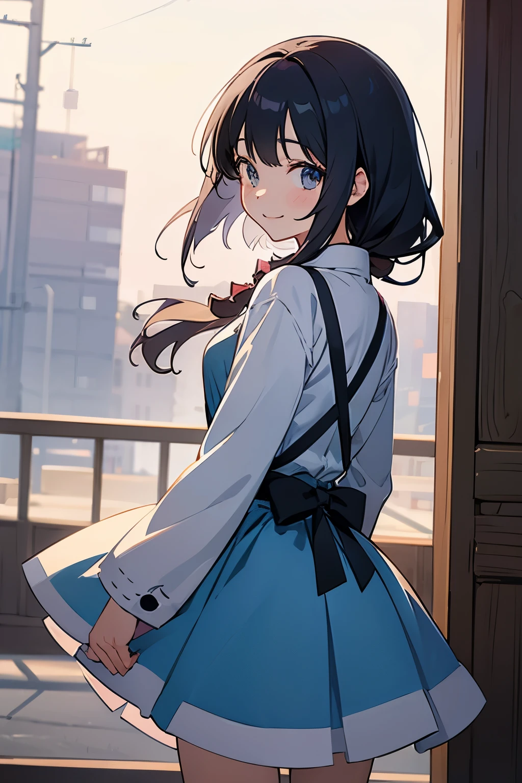 Anime girl, a candid shot hoto, from behind, cowboy shot, looking at viewer, smile,