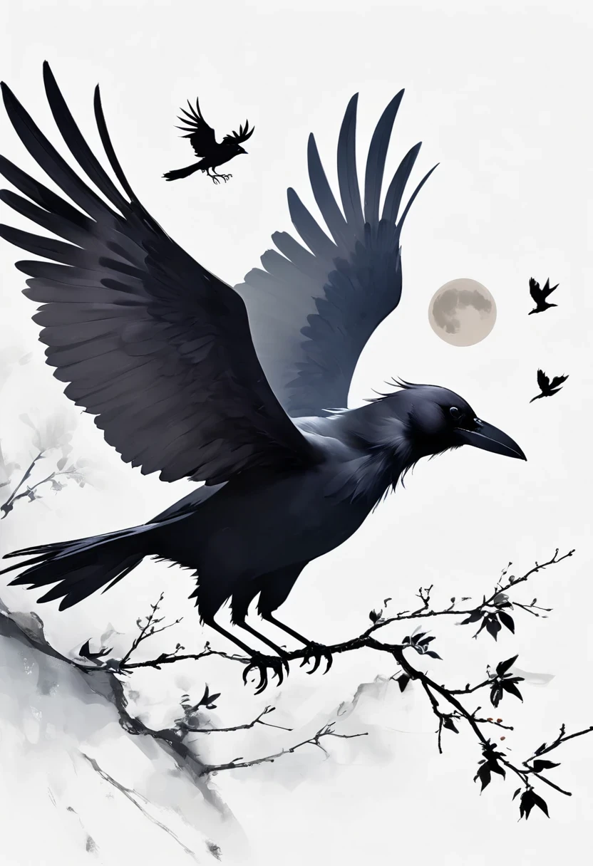 crow, White background, moon, simple, Minimalism, Regular Angle,