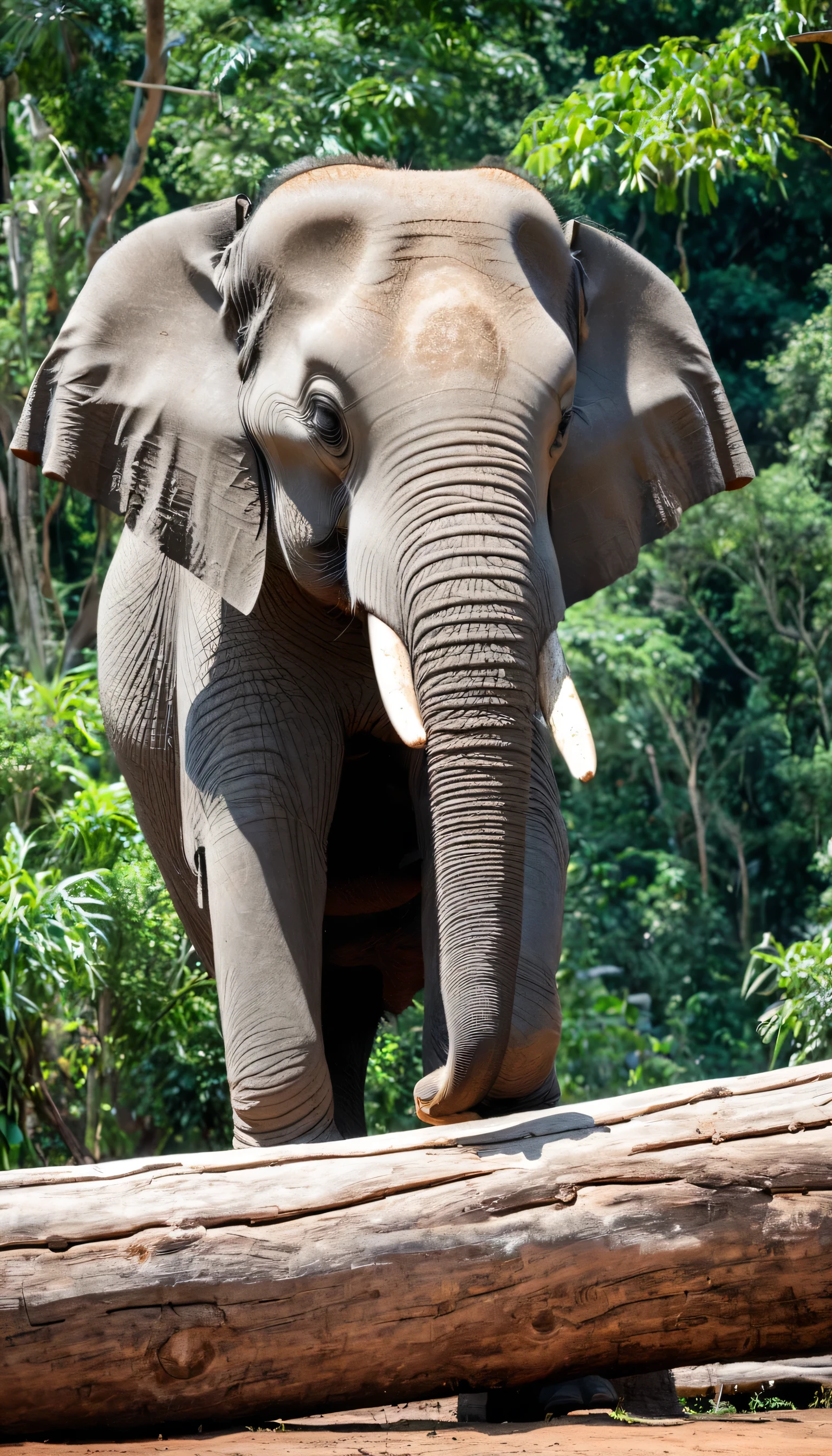Elephant lifting a thick log with its nose
