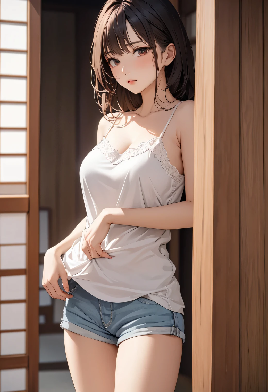 (((masterpiece))),(((High resolution)))、(((8K)))、(((perfect face)))、(((beauty of japan)))、40 years old、(((beautiful face))), (((camisole))), ((one peice)), embarrassed look, look at the camera, top quality eyes, detailed texture, look at the camera, standing, all body, big tits, (((Girl masturbating)))