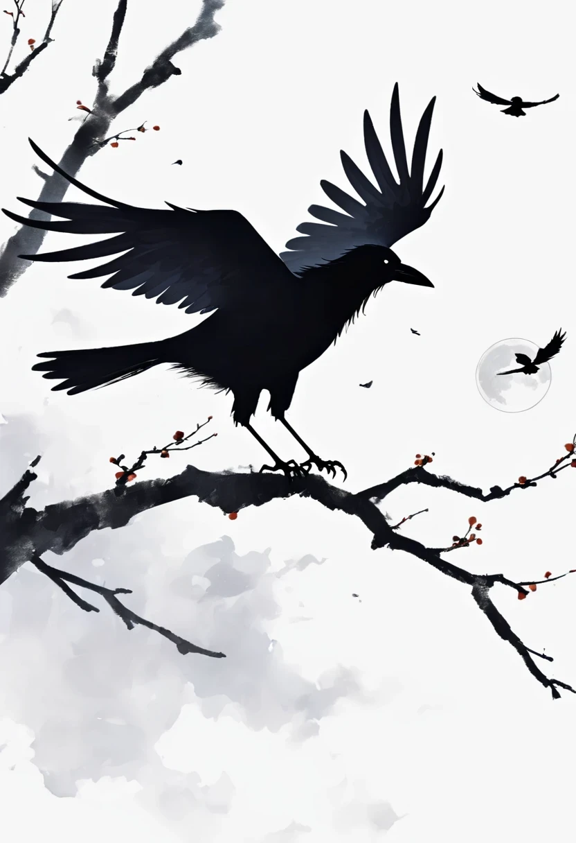 crow, White background, moon, simple, Minimalism, Regular Angle,