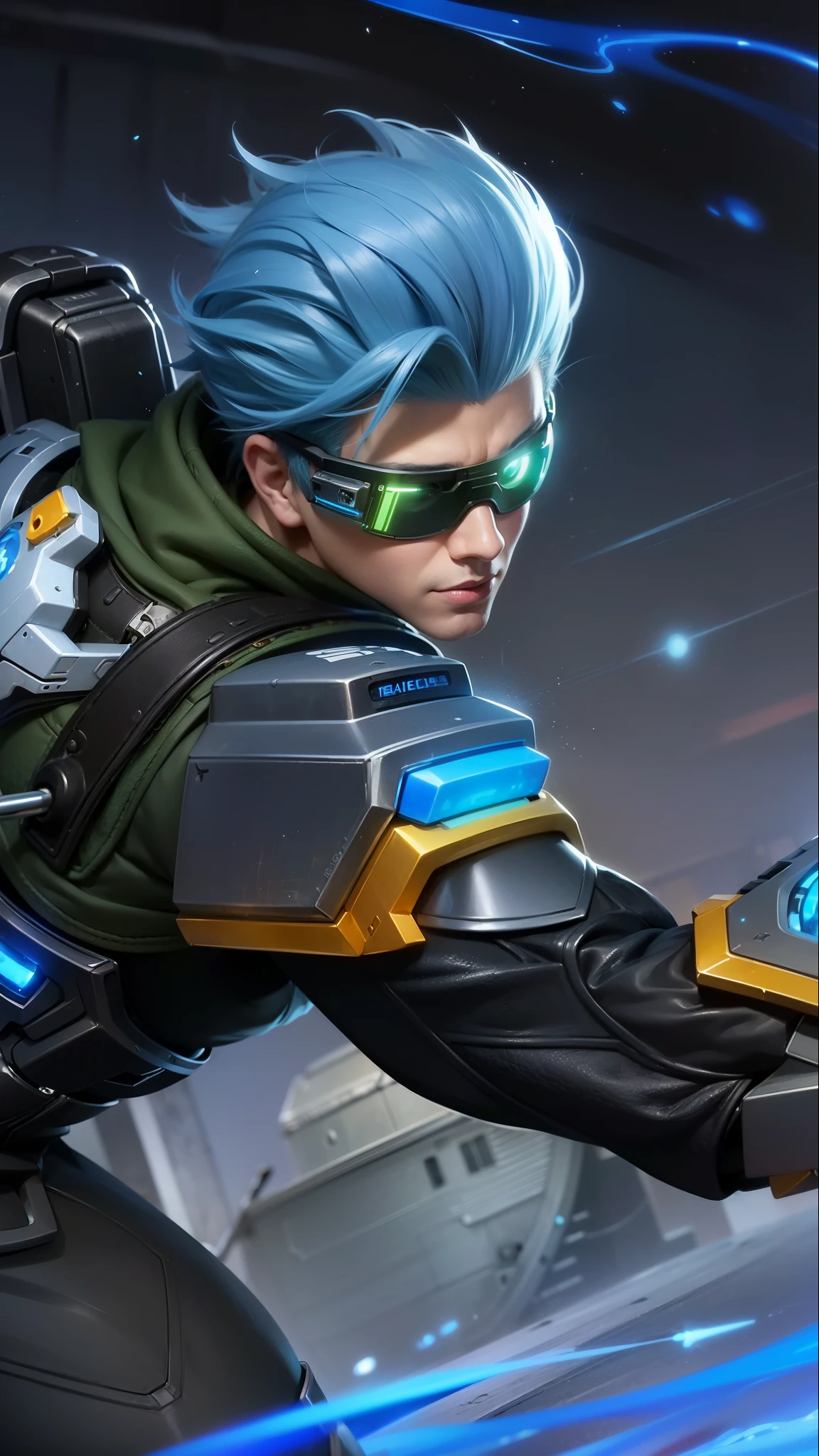 a close up of a person with a blue hair and a gun, sigma from overwatch, tracer game character, splash art, character splash art, iconic character splash art, sigma male, official splash art, league of legends character, tracer, style league of legends, kda, amazing portrait of viego, league of legends splashart, masterpiece, ((perfect eyes)) best quality, (semirealism:1.9), beautiful lighting, (extremely detailed CG unity 4k fhd wallpaper), High Detail, Sharp focus, dramatic outdoors, 1 boy ,19 years old, 8k, ultra hd, ultra detailed texture, hyper realistic, masterpiece, detailed texture, detailed face, detailed skin, detailed lighting, (photorealistic:1.5), best quality, beautiful lighting, cinematic lighting, professional lighting, ultra highres, realistic, detailed hair, real hair, high quality, (realskin:1.5), extremely detailed, finely detail, ultra-detailed, evil smile.