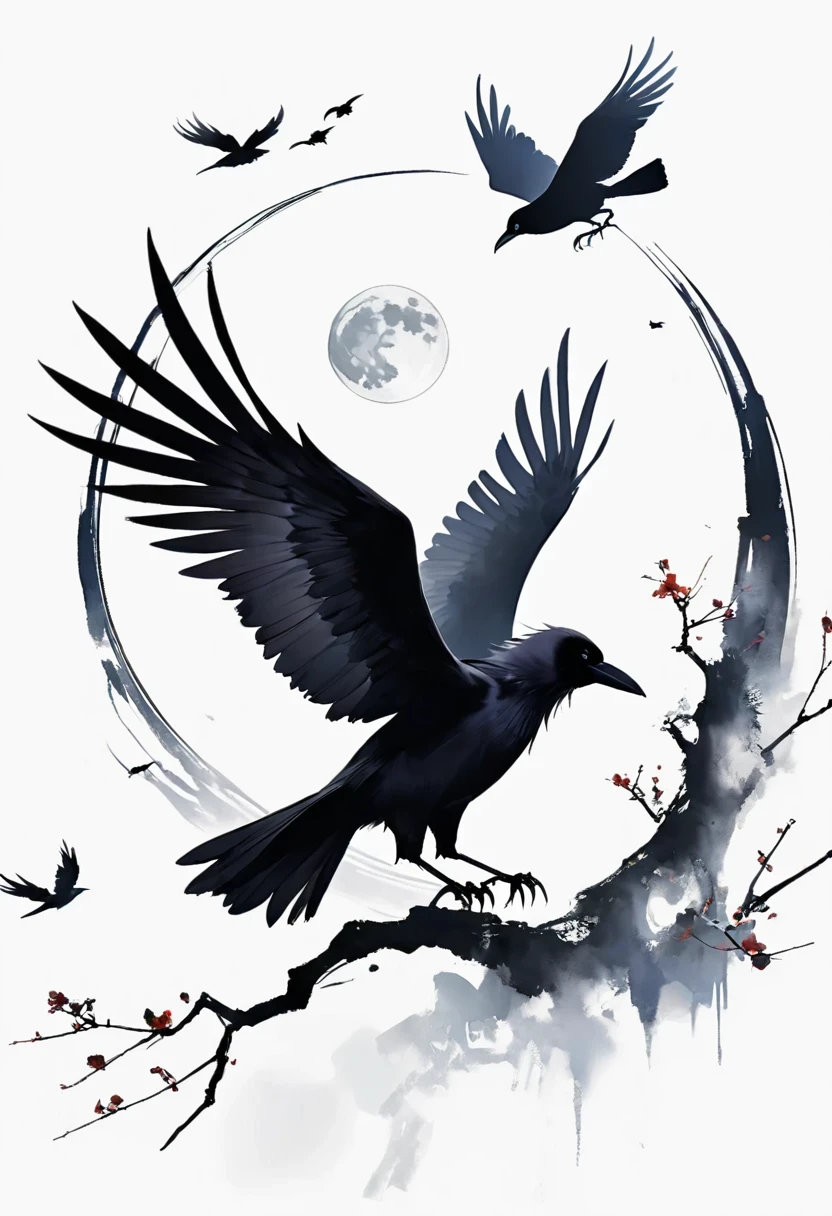 crow, White background, moon, simple, Minimalism, Regular Angle,
