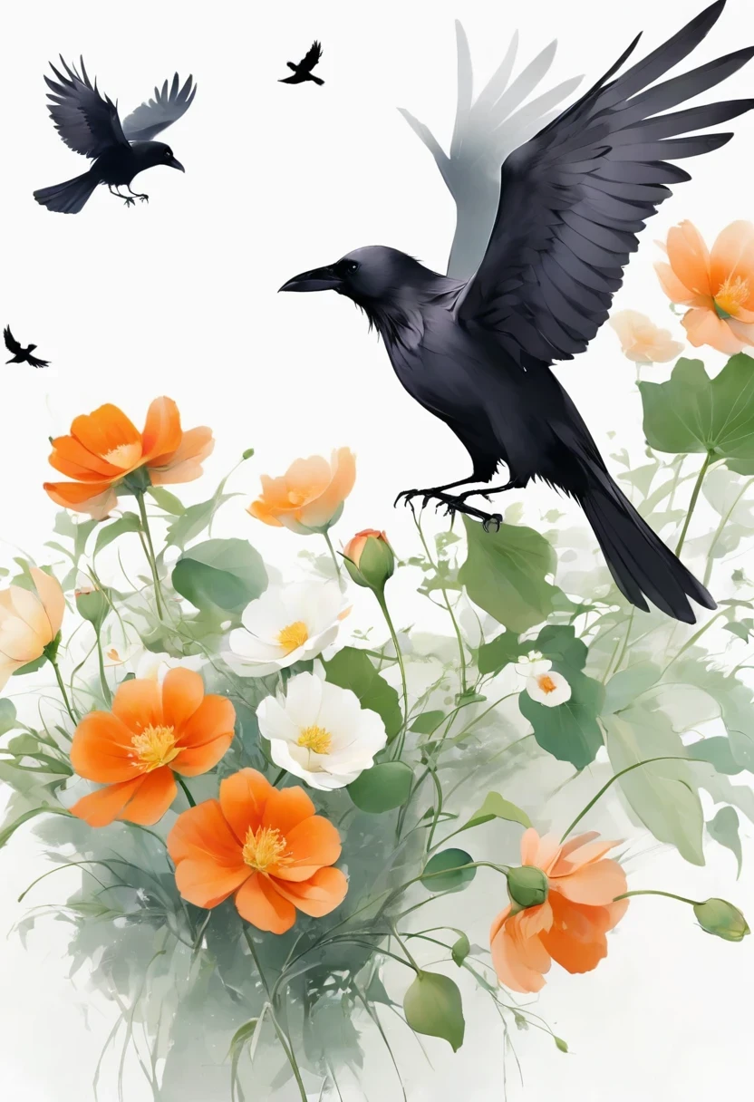 crow, White background, flower, simple, Minimalism, Regular Angle,