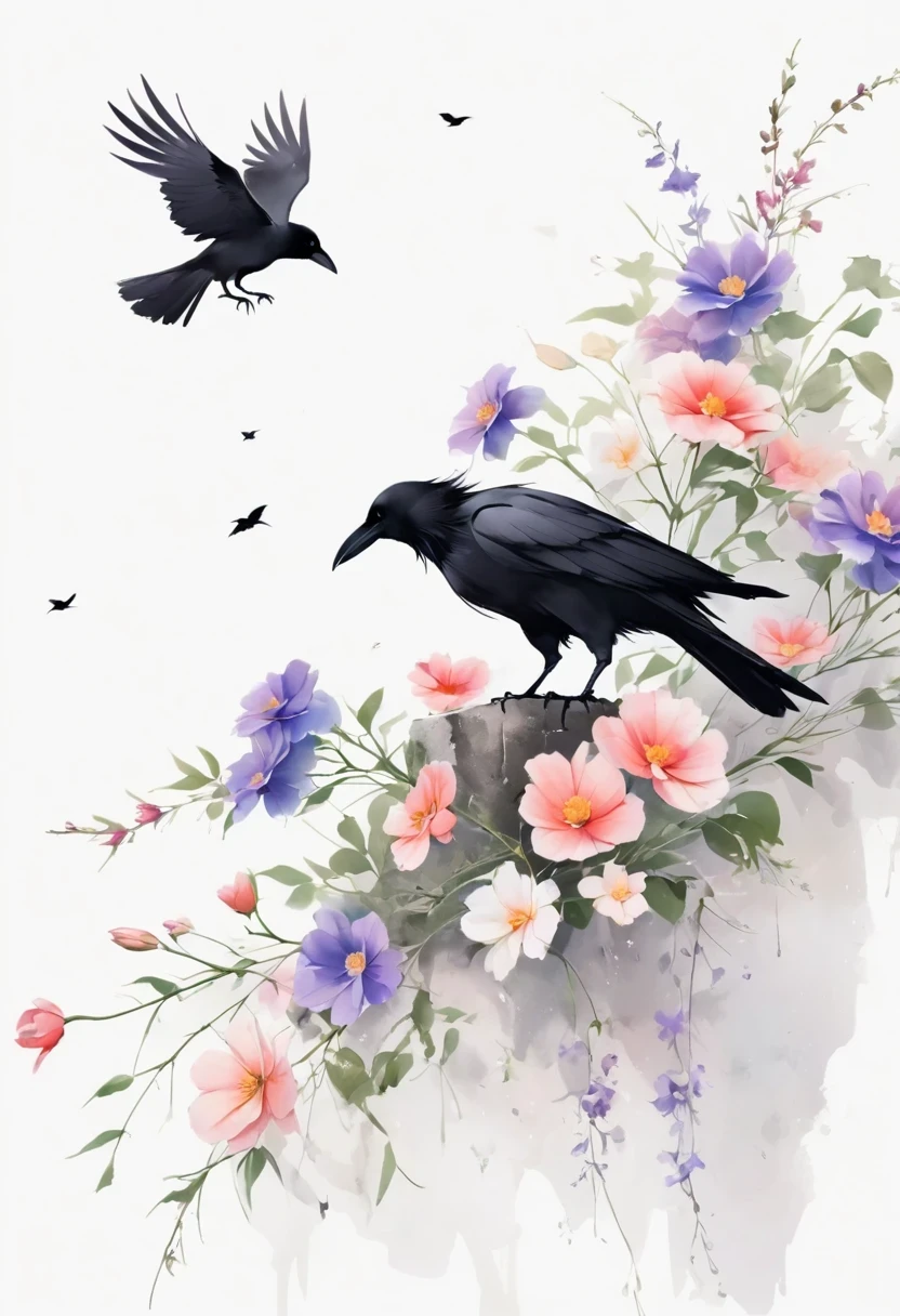 crow, White background, flower, simple, Minimalism, Regular Angle,