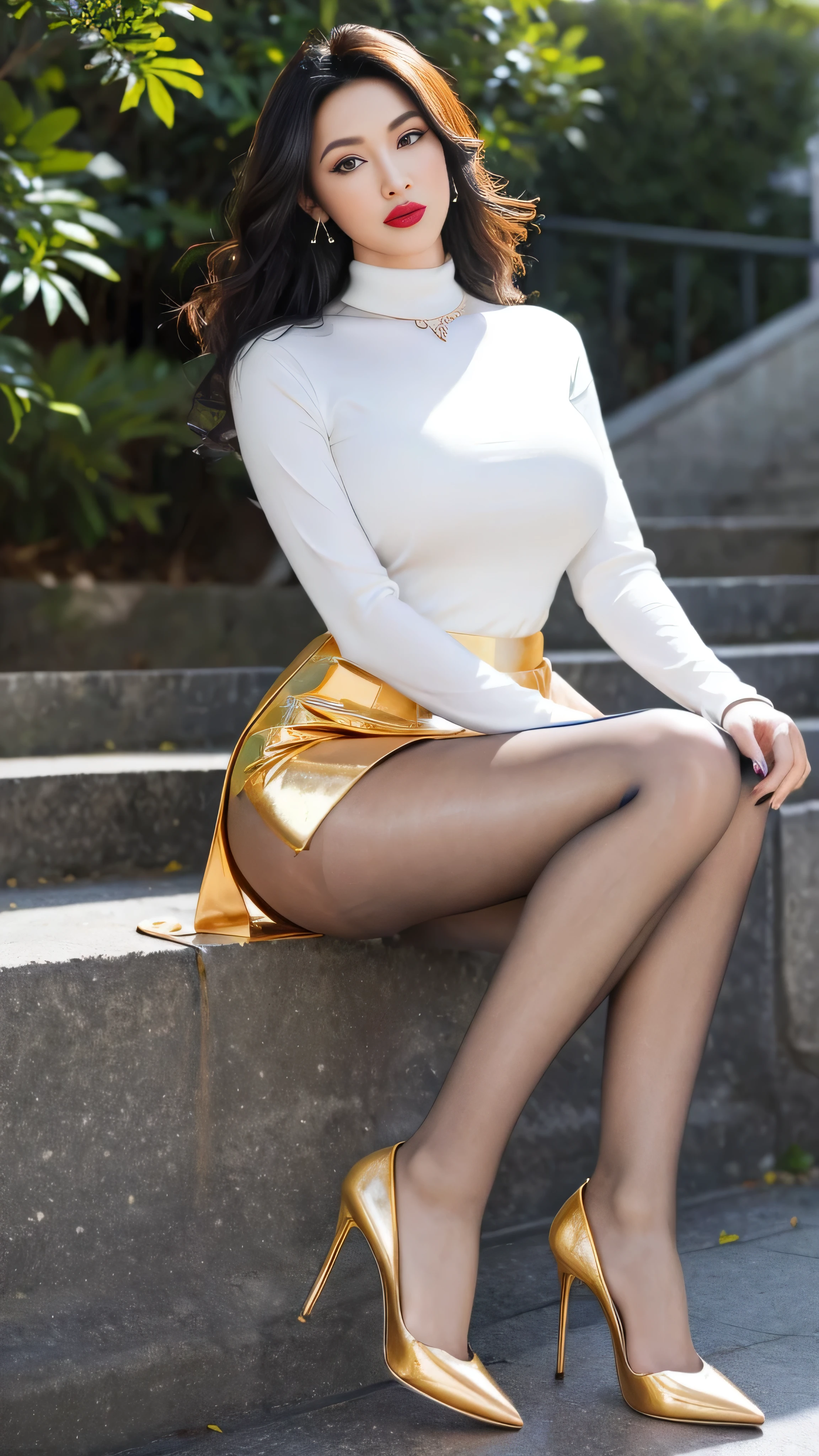 Sit on the steps with your whole body sideways,Crouch sideways,looking at camera,Stretch one leg forward to one side,standing outdoors,full-body shot,High heel, an asian japanese woman,High neck golden dress,65 years old,big eyes,Elegant temperament Elegant temperament,best quality), actual, (real picture,65 years old, There are intricate details, Depth of field contentVery detailed, This is a perfect face, Perfect body, large model, mature woman, High, Leg length, ,High heel,standing outdoorss,Bokeh,long eyelashes,dark eye shadow,涂lipstick,Her face is heavily made up,Very detailed,middle aged woman,cosmetic, (lipstick: 1.1), (Eyeliner: 1.2), mascara, eye shadow, curly, ear nipple ring, necklace, Black greasy pantyhose, There are wrinkles at the corners of the mouth,Long-legged pantyhose,Greasy reflective pantyhose,big breasts,Black,High heel,long distance full-body shot,outdoor,Highly detailed 8K wallpaper), 8K,best quality, masterpiece, ultra high resolution,(lifelike:1.4), original photo, sharp focus, detailed, dramatic, exquisite beautiful woman, (tall and straight:1.1), (No), (droopy giant:1.1), (Fat goddess desetallic high leg high collar dress mini skirt:1.0),(turtleneck slim fit skirt),(Transparent gold miniskirt ), half butterfly earrings, double ring necklace, (hatred:1.05), (65 years old, : 1.4), cosmetic, (lipstick: 1.1), (Eyeliner: 1.2), mascara, eye shadow, Long curly hair, Dynamic angle, (red lips)nice graphics, 大Leg length,Black Greasy reflective pantyhose,current employer,spectacular view, Show off your whole body in the big city,