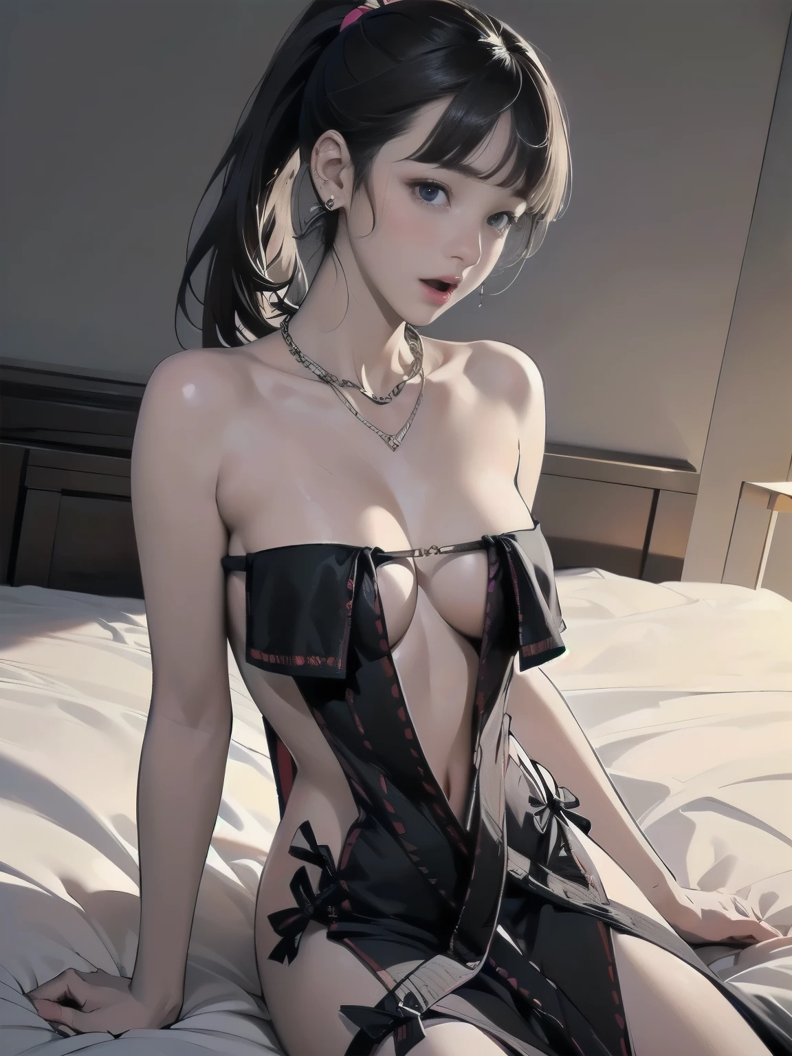 ((((highest quality))))、(((Ultra-precision CG16K wallpaper)))、(((masterpiece)))、(((Super detailed)))、(((super extreme details)))、((１Mature 24 year old woman:1.6))、((Very beautiful Japanese faceai Shiraishi:1.3))、((straight long ponytail hair、blunt bangs:1.5))、(Shiny brown hair)、beautiful delicate eyes、brown eyes、high nose、small nostrils、small mouth、seductive lips、beautiful breasts、((C cup size breasts))、cleavage、plump body、perfect proportions、perfect anatomy、perfect composition、beautiful detailed shading、beautiful natural lighting、beautiful detail glow、Depth of the bounds written、(((High chroma)))、(((real:1.9)))、((vivid:1.5))、((beautiful skin))、((skin texture))、((realな皮膚感))、(((cowboy shot:1.6)))、((Front view、Front low angle:1.5))、((Surprised face with open mouth:1.2))、(The woman is facing this way:1.5)、Bright daylight、Natural light、(((sit on the bed:1.8)))、(sitting pose:1.5)、(((Wearing a black sexy dress:1.6)))、((earrings、wearing necklace:1.3))、