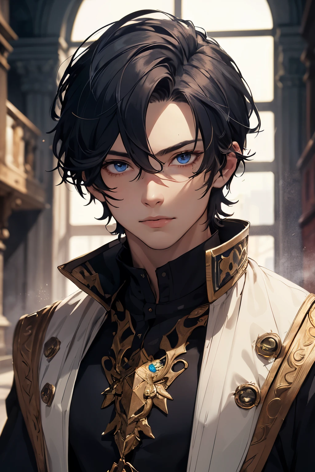 ((best quality)), ((masterpiece)), (detailed), perfect face,1 man dressed in fantasy clothes in a fantasy world and cool, his hair is black, his eyes are blue