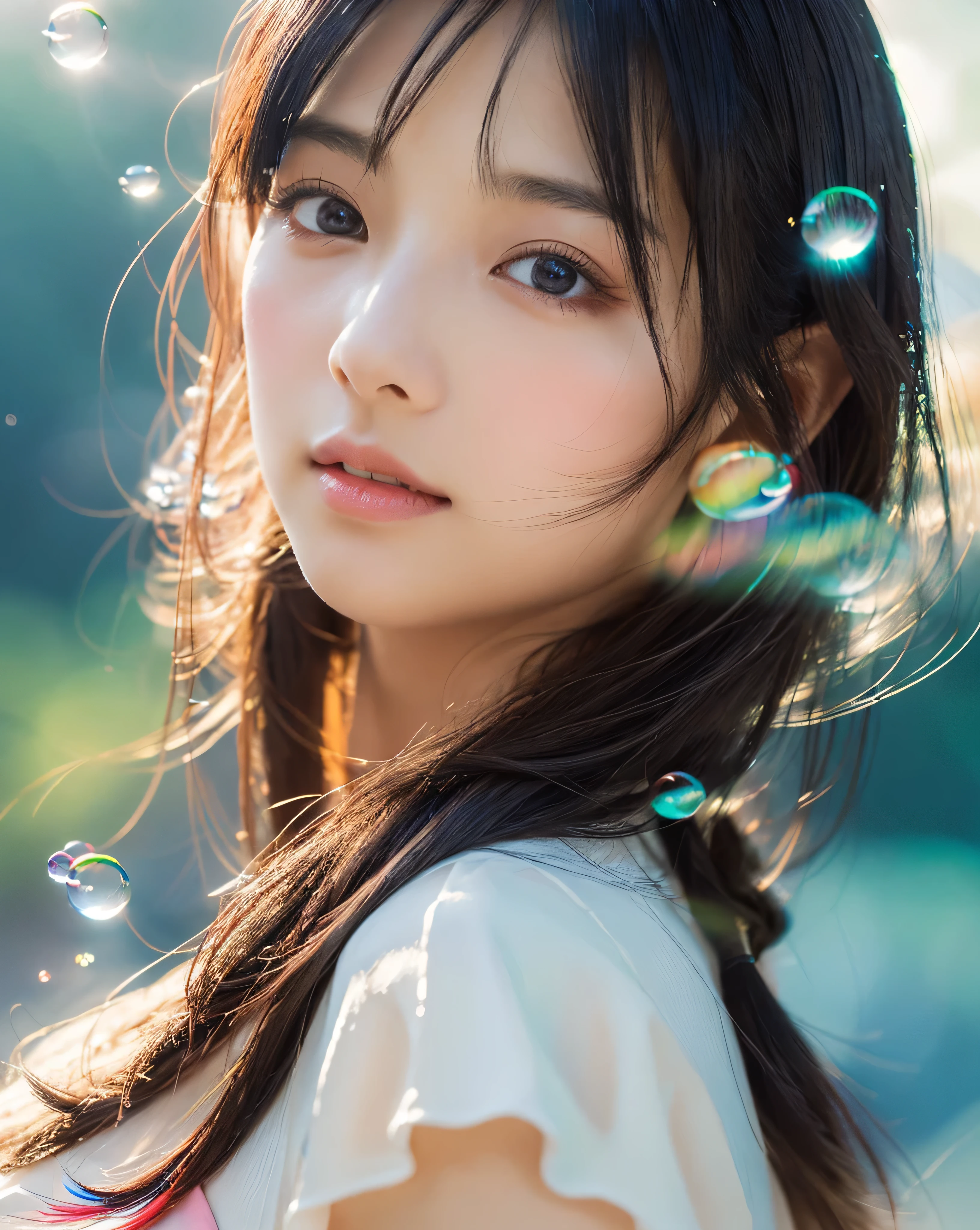 (highest quality, 32k, High resolution, masterpiece:1.5,), Haunting fantasy portrait in abstract style, ((fantastic world, soft, sweet, kind)), Evoking a sense of soothing tranquility and elusive beauty, Award-winning masterpiece with amazing details, beautiful japanese woman, Mysterious in water transparent sealed hemispherical glass dome, nature, Require,in water, dome,close,dynamic action,lens perspective,nature, Require,in water, dome,close,dynamic action,lens perspective,(big magical eyes, Kind Smile, ((Intricately shiny, glossy black hair)), Beautifully styled long straight hair, Beautiful asymmetrical bangs, hair between eyes, bright makeup, Smooth and soft skin, thin eyebrows, clear double eyelids, Attractive pink lips, ((white one piece dress, The absolute realm of miniskirts), High resolution perfect clavicle, Beautiful chest in high resolution, Slender body with plump breasts, High resolutionの美しい太もも, ((Colorful sparkling bubble effect:1.3)), professional lighting, professional photographer, Professional models