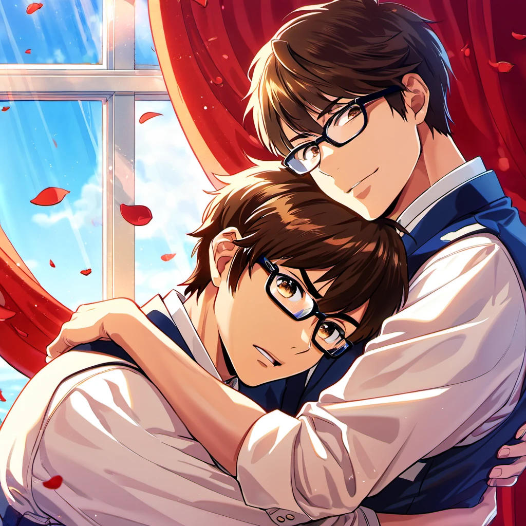 absurdres, highres, ultra detailed, HDR, master piece, best quality, Sawamura Eijun hugging Miyuki Kazuya, glasses with black frames, gay couple, handsome, brown hair, medium-length brown hair messy and windswept, expressive brown eyes, Diamond No Ace, window, red curtains, petals, schooluniform