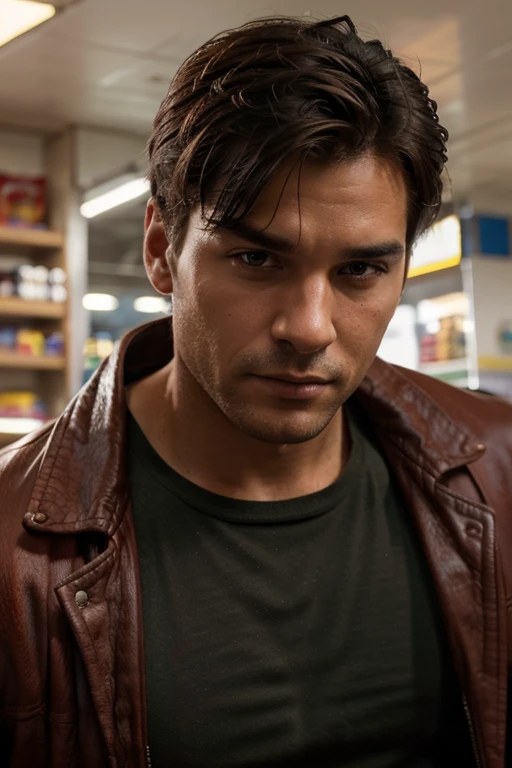 A handsome man in a red leather jacket is standing in a convenience store, ready for action. The focus is on the upper body of the man, with a close-up shot capturing his captivating presence. He is looking directly at the camera, creating an engaging connection with the viewer. The scene has a candid, amateur feel, enhancing the authenticity of the moment. The image quality is exceptional, with a raw, 8k, and ultra-high-definition resolution, captured using a Fujifilm XT3 camera. The overall aesthetics of the image reflect the vibrancy and intensity of the man's character. The lighting emphasizes the ruggedness and masculinity of the subject, enhancing the red color of the leather jacket.
