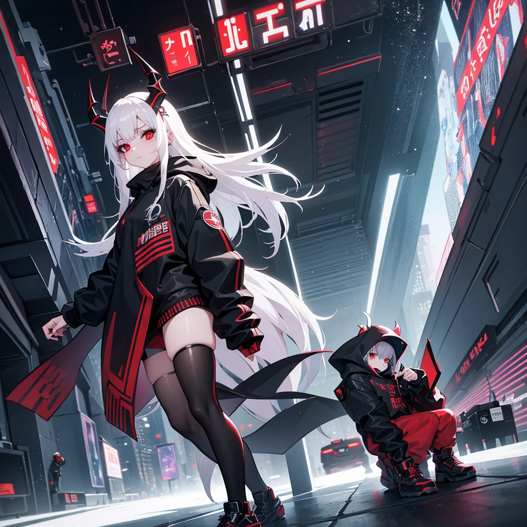1 girl, white hair, oversized black hoodie, cyber daemon, , cyberpunk, ((cyber horns)), red eyes, cyberware, dreamy cyberpunk girl, cyberpunk art ultrarealistic, connected to machine, suspended in tube
