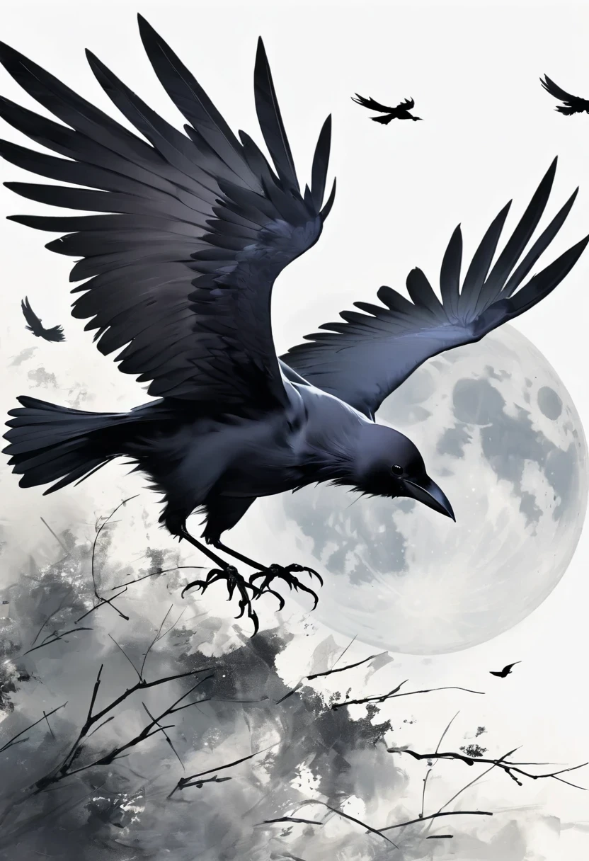 crow, White background, moon, simple, Minimalism, Regular Angle,