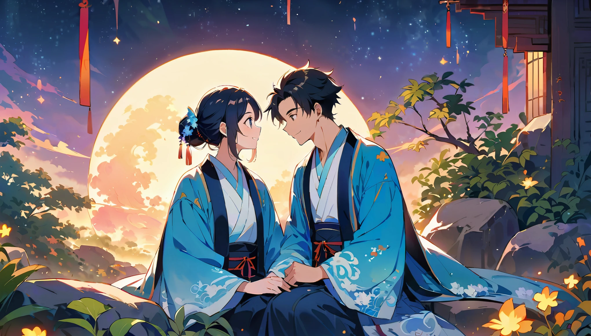 A scene from the TV series "Chinese fairy tale", featuring two young men sitting on rocks under trees, gazing at each other with white moonlight shining through leaves and illuminating their faces. The man is dressed in traditional Hanfu attire while his lover wears blue , both smiling slightly as they gaze into one another's eyes. A large full moon lights up the night view behind them with bright stars. In front there’s an open space where some green plants can be seen. In the style of Chinese art, with Chinese elements and fantasy, with movie light effects and in high definition.