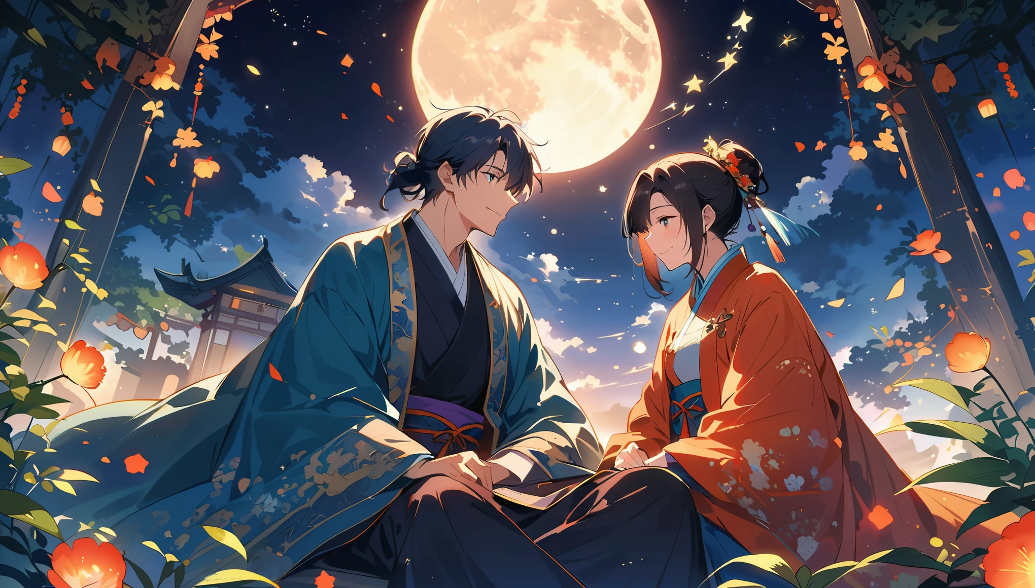 A scene from the TV series "Chinese fairy tale", featuring two young men sitting on rocks under trees, gazing at each other with white moonlight shining through leaves and illuminating their faces. The man is dressed in traditional Hanfu attire while his lover wears blue , both smiling slightly as they gaze into one another's eyes. A large full moon lights up the night view behind them with bright stars. In front there’s an open space where some green plants can be seen. In the style of Chinese art, with Chinese elements and fantasy, with movie light effects and in high definition.