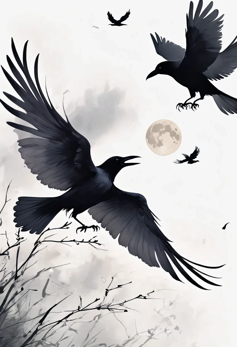 crow, White background, moon, simple, Minimalism, Regular Angle,