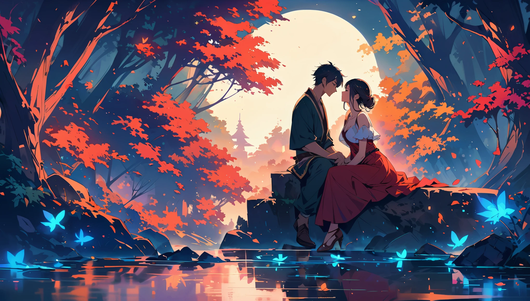 A man and woman sitting on the edge of an ancient fantasy forest, under a full moon in a starry sky, surrounded by glowing trees, they look at each other with deep affection as if talking to their hearts " shoot for paradise" from a tv series. The scene is captured using a high-definition camera, highlighting intricate details such as textures, colors, shadows, highlights, and reflections that create depth and realism in the style of a Chinese artist