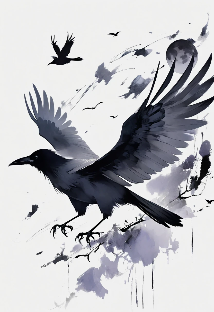 crow, White background, moon, simple, Minimalism, Regular Angle,