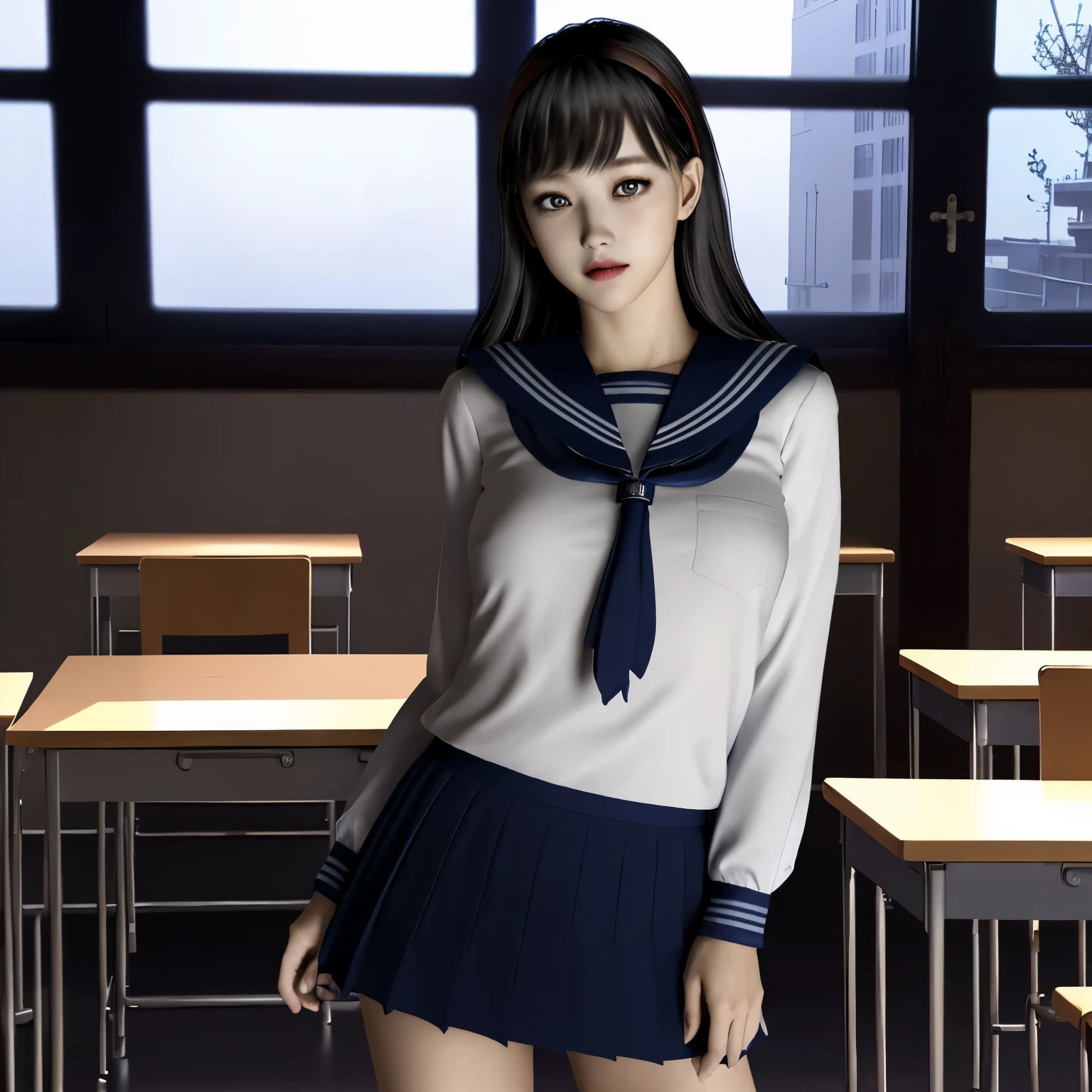 (Detailed CG、unity、8k wallpaper)、(very delicate and beautiful)、(masterpiece)、(highest quality:1.2)、(超A high resolution:1.3)、(beautiful realistic asian),beautiful lighting、perfect lightning、realistic shadow、fine skin、Super detailed、detailed face and eyes、realistic eyes、sharp pupils、Huge , inside the classroom、School、sunset、beautiful face、blurred background、(japanese woman)、shiny skin、side up、beautiful black hair、dull bangs、Japan High School Sailor Uniform、pleated mini skirt、gentle smile, ((table top, highest quality)), (shiny skin), cinematic lighting, Physically based rendering, award-winning, highly detailed skin, highly detailed face, Beautiful eyes in every detail, Carl Zeiss 85mm F/1.4, (standing position 1.2), (cumin , on the chest and thighs), she&#39;To a very cute 16 year old , (brown hair, straight long hair, open your eyes, round face), big cleavage, (sailor blouse, Pull up the pleated skirt yourself:1.3), watching from a distance, (navy high socks, thigh focus),art by、
