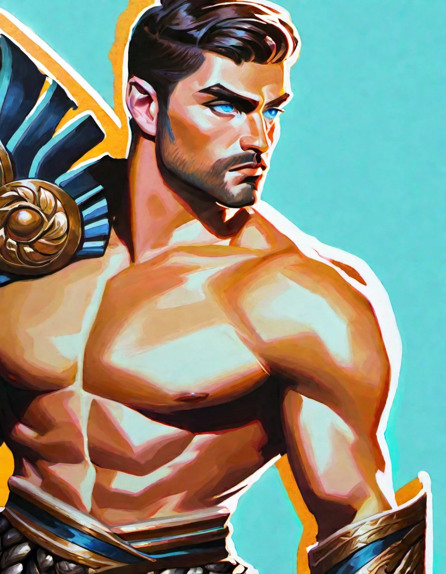 chiaroscuro technique on impressionist illustration of an masculine, 26-year-old Italian male model, handsome Roman, he is the god of war, he is Ares, Mars, evil-color, strong look, light blue eyes, strong jawline, dressed as a gladiator, ancient gladiator, male gladiator skirt, matte painting, by Harumi Hironaka, extremely soft colors, vibrant, pastel, highly detailed, digital artwork, high contrast, golden dramatic, refined, tonal, an intimate, titanic color
