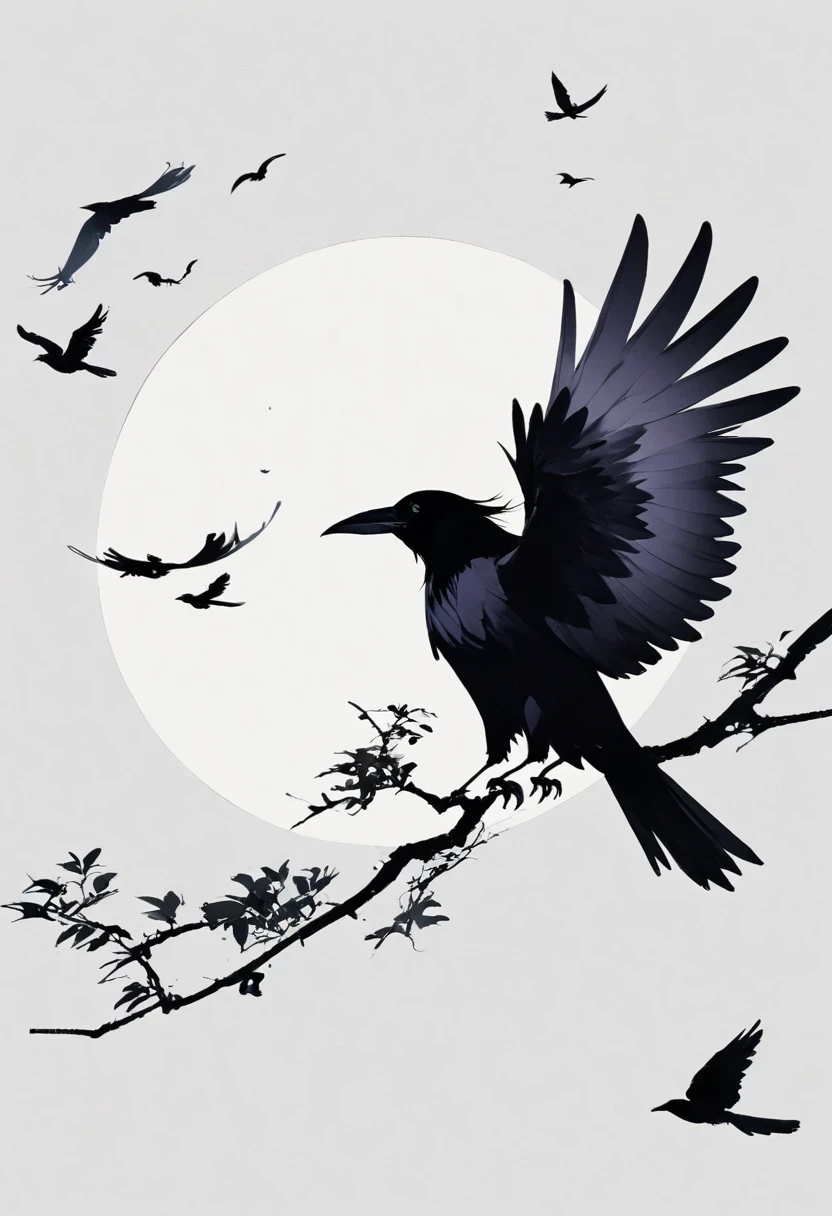 crow, White background, moon, simple, Minimalism, Regular Angle,