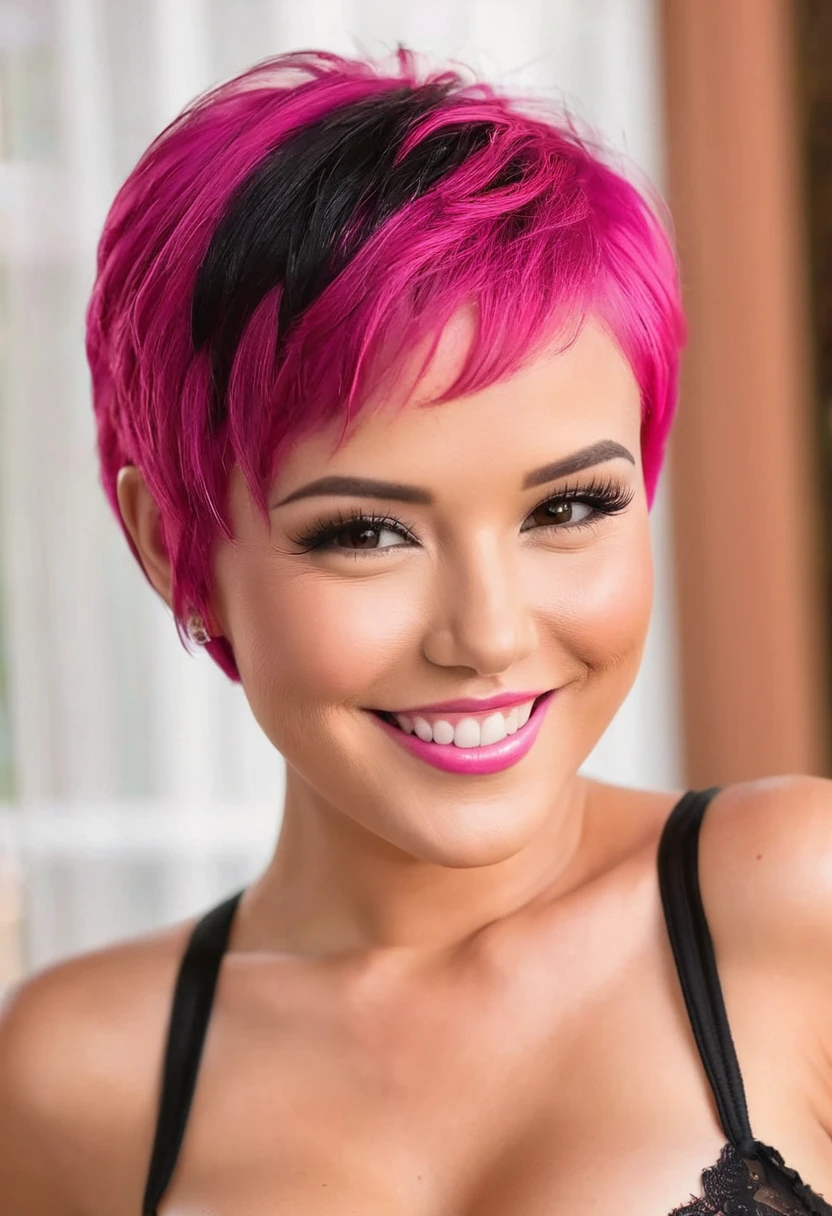 She has a bright pink short haircut, a cute smile, a beautiful face with a small face and well-defined features, a sexy G-cup body, and is wearing a black sexy doll.