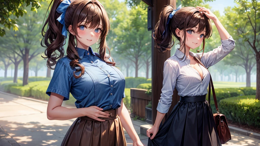 1girl, solo, village, trees, flowers, brown hair, long hair, curly hair, ponytail, large breasts, button down shirt, ((worn out shirt)), blue eyes, ((blue floral pattern shirt)), ((unbuttoned shirt)), cleavage 1:3, ((opened brown zipper jacket)), leather jacket, pants, smile, looking at the viewer, hand on hip, standng, hair ribbon, golden necklate