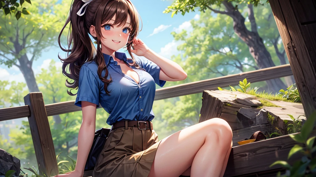 1girl, solo, full body, rural landscape, village, trees, sun, clouds, fantasy, brown hair, ponytail, large breasts, button down shirt, ((blue checked shirt)), ((short sleeved shirt)), ((unbuttoned shirt)), unbuttoning buttons, cleavage 1:3, shirt tied under chest, belly reveal, blue eyes, dark skirt, smile, looking at the viewer, standing, hair ribbon, golden necklate